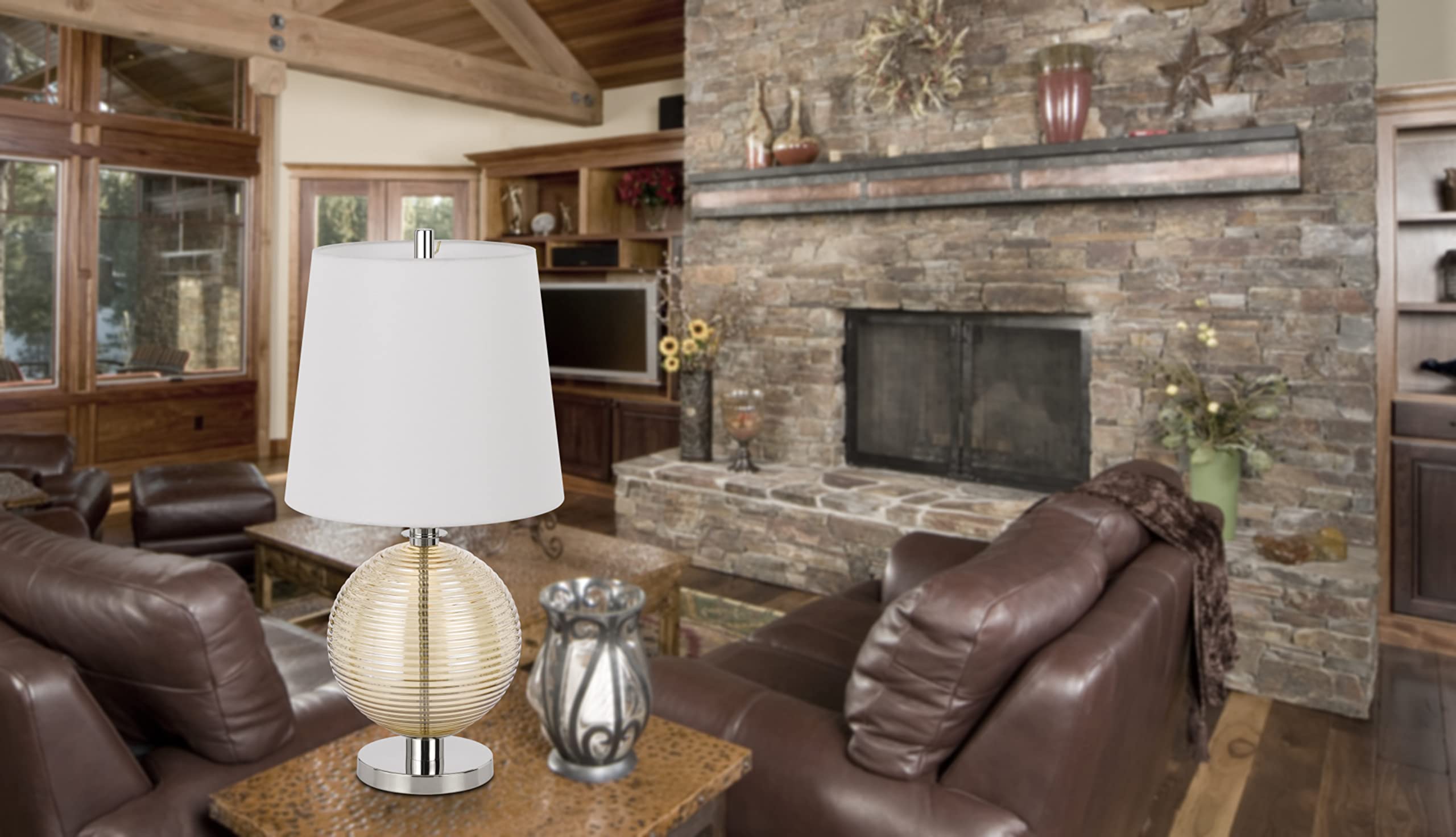 28" Height Salisbury Brushed Steel Metal and Amber Glass Table Lamp