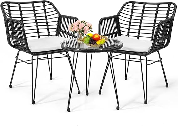 3 Pieces Wicker Patio Bistro Furniture Set, Includes 2 Chairs and Glass Top Tabler