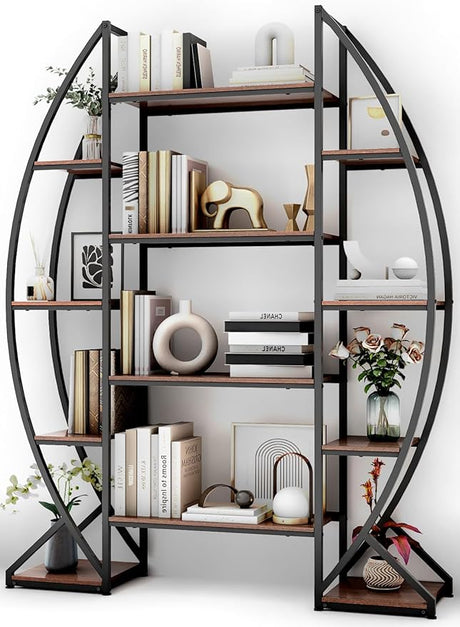 Large Oval Bookshelf, 70“ Tall Open 5 Tier Industrial Bookcases,