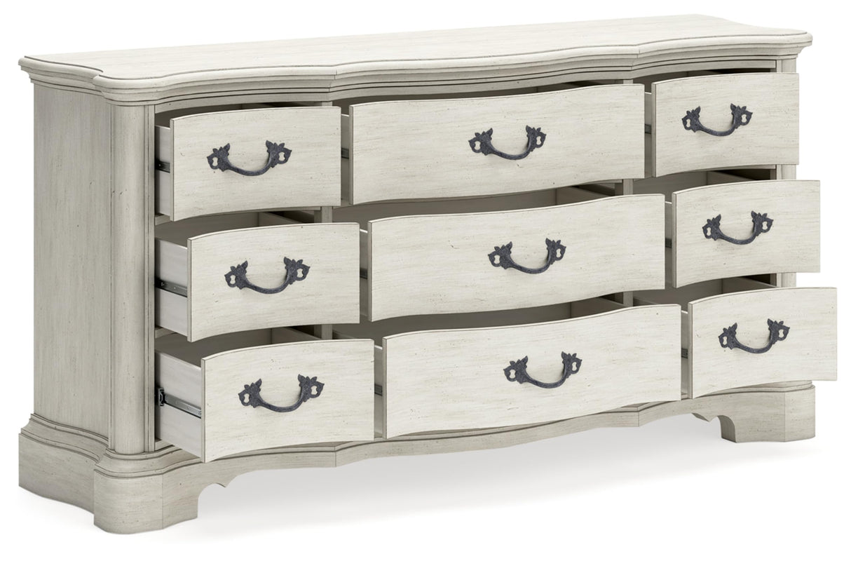 Arlendyne Traditional 9 Drawer Dresser with Felt-lined Top Drawer for Bedroom, White