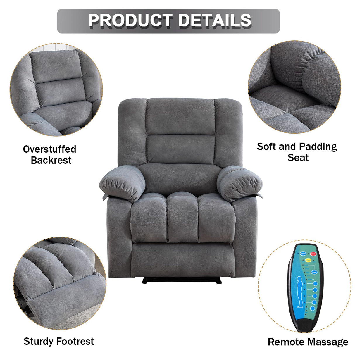 Overstuffed Massage Recliner Chairs with Heat and Vibration, Soft Fabric Single Manual