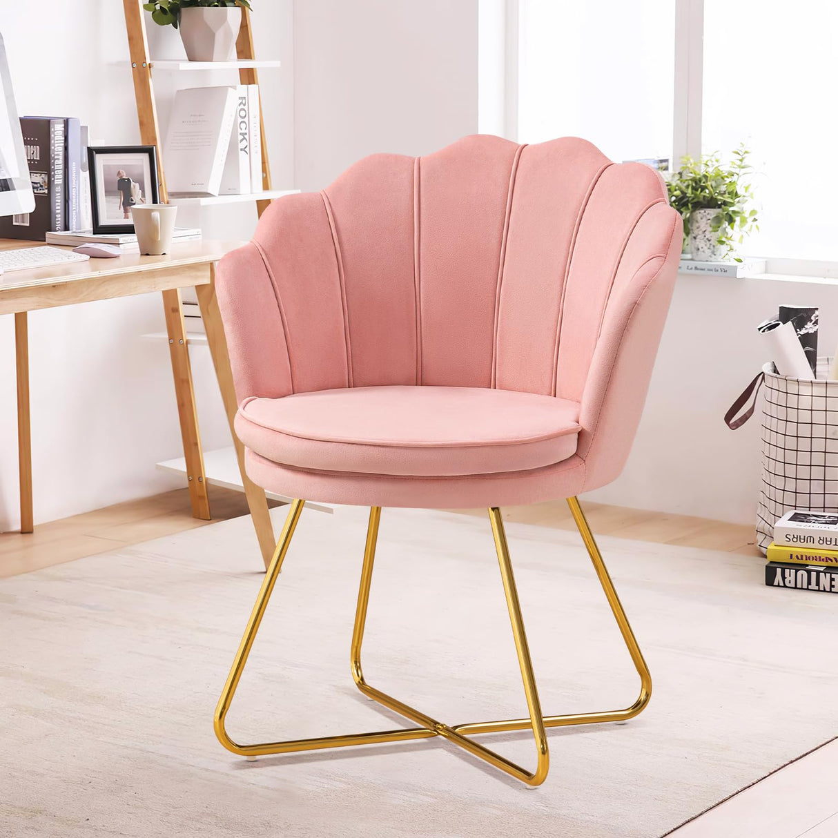 Pink Vanity Chair, Chair for Bedroom, Makeup Chair with Gold Plating Legs, Accent Chair