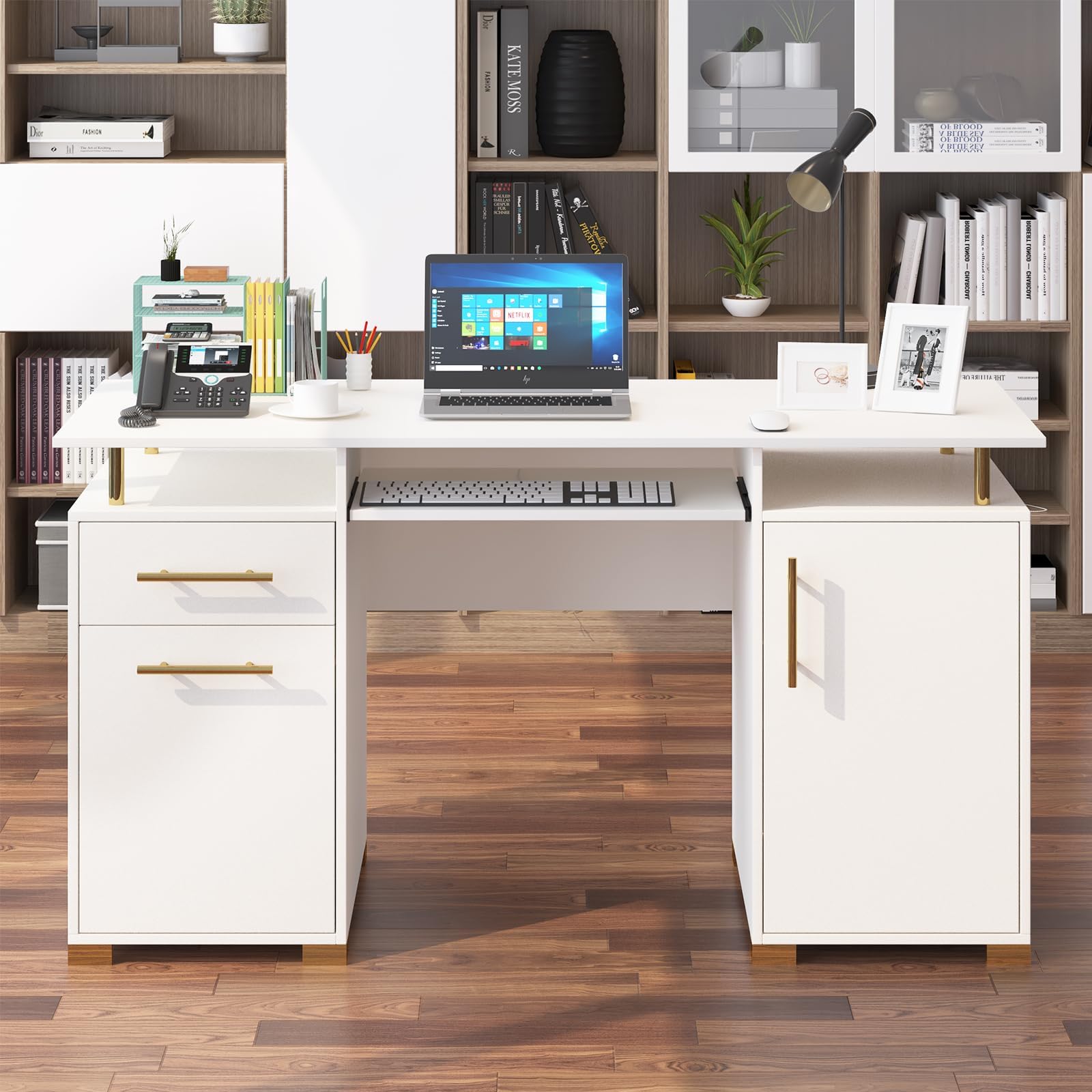 White and Gold Computer Desk with Drawers, 55 Inch White Executive Desk