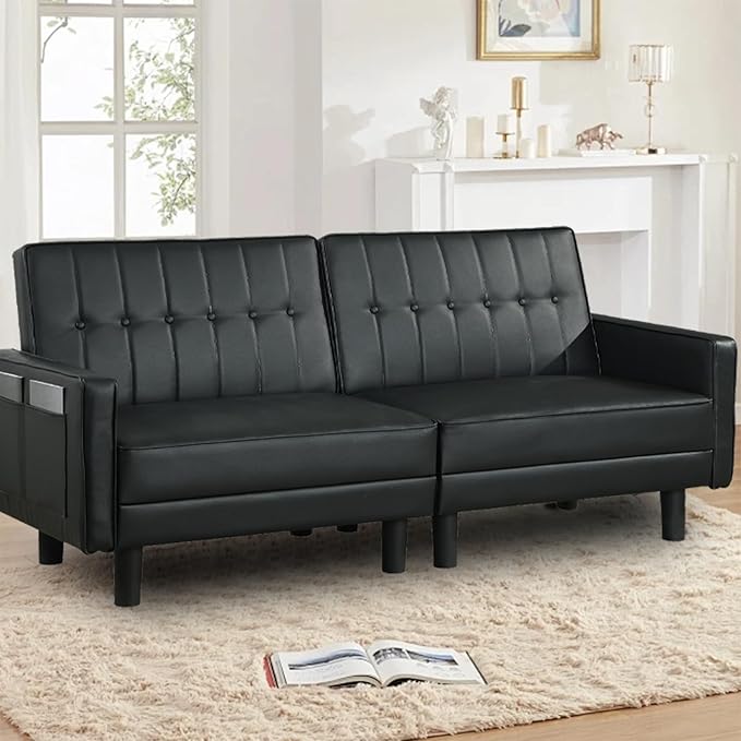 Futon Sofa Bed, Convertible Loveseat Sofa, Faux Leather Upholstered Sleeper Sofa Couch