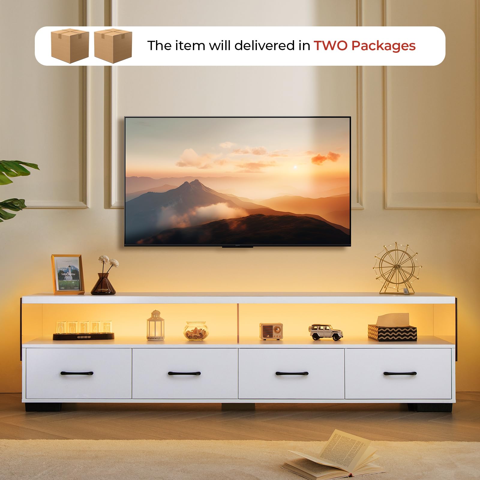 Modern 75 Inch TV Stand with LED Lights and Storage