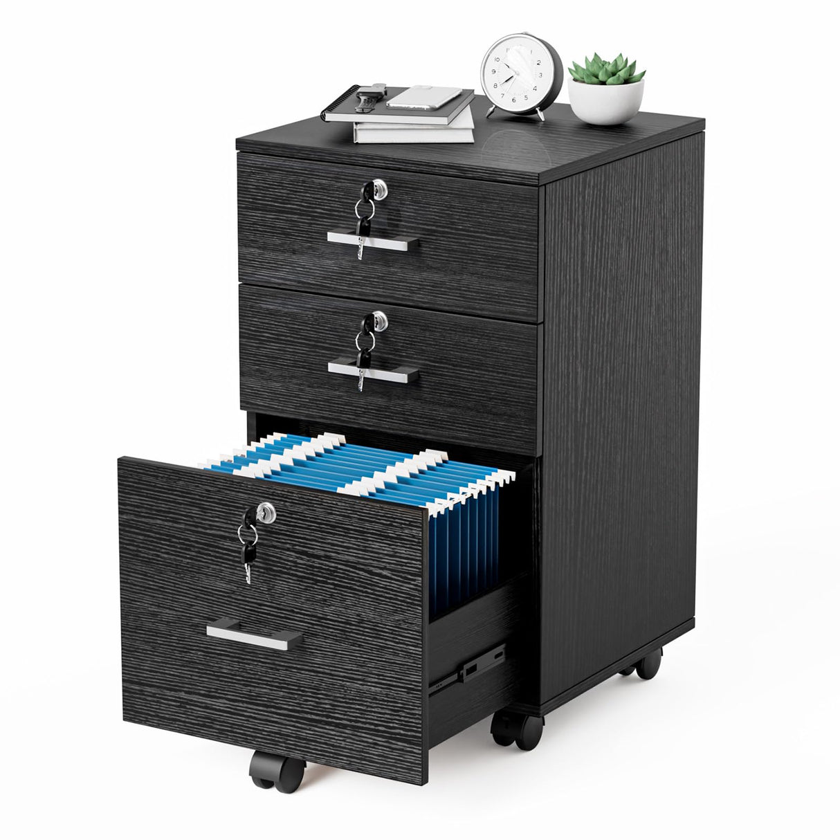 3-Drawer File Cabinet with Lock, Wood Rolling File Cabinet Under Desk File Cabinets