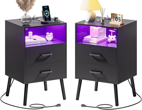 Nightstand with Charging Station and LED Lights, Night Stand with Drawers and Open