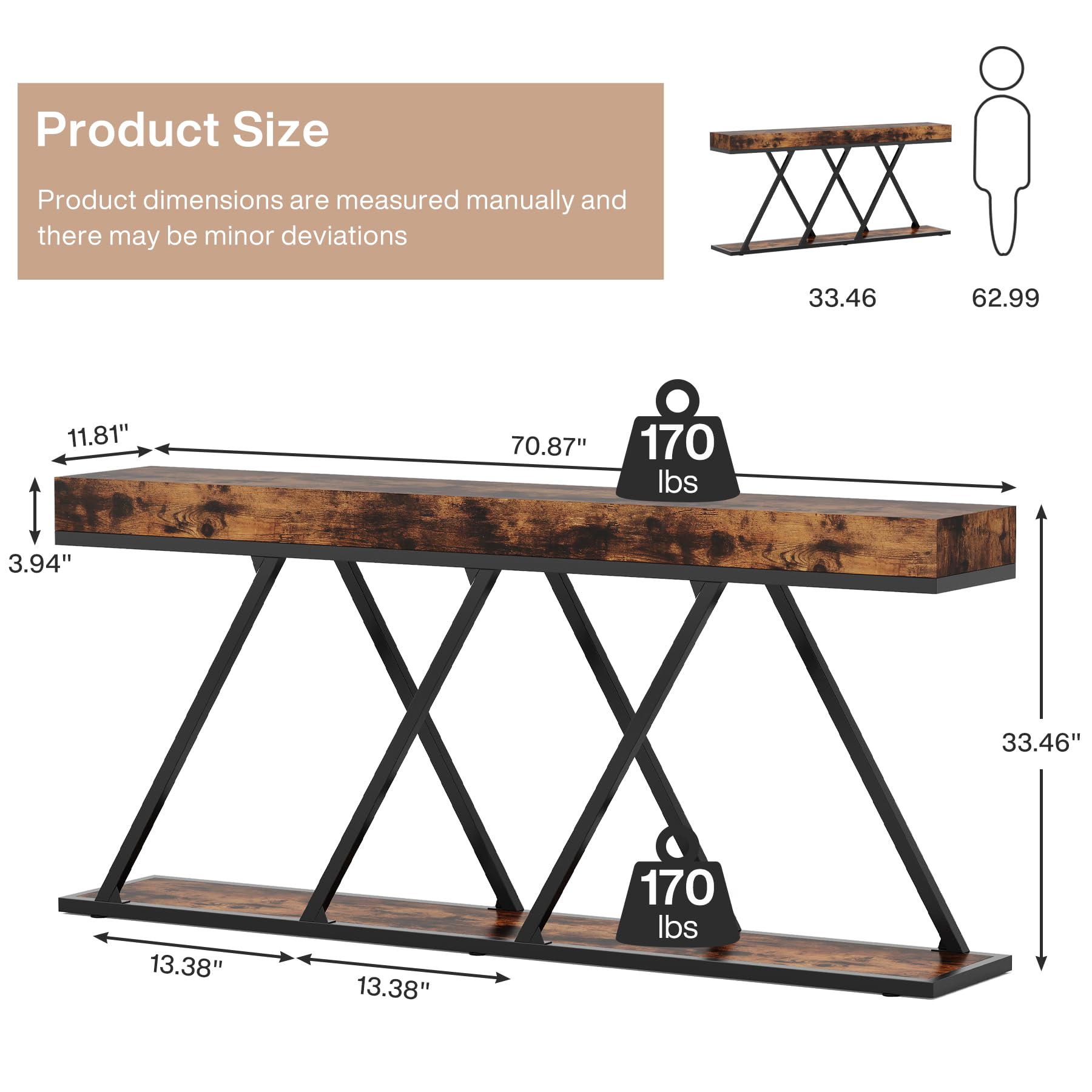 Extra Long Console Table, 70.87" Farmhouse Entryway Table with Unique Metal Base,
