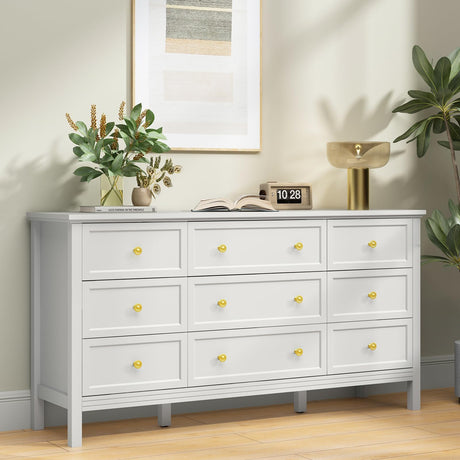 White Dresser for Bedroom, 9 Drawer Dresser with Wide Drawers and Gold Metal Handles