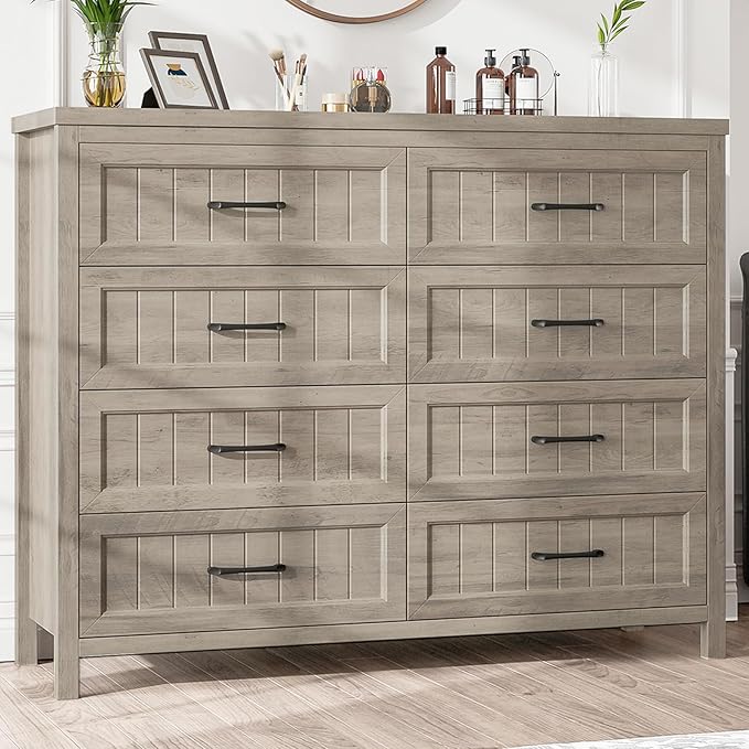 Farmhouse Dresser 8 Drawer Dresser for Bedroom, Large Wooden Dressers Double Grey