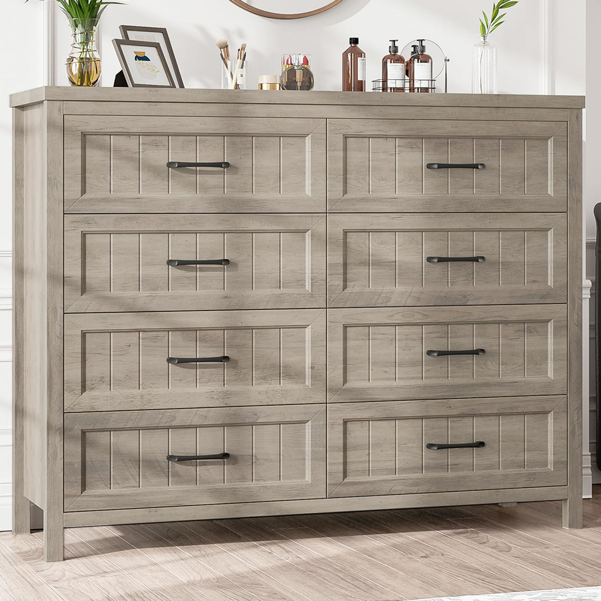 Farmhouse Dresser 8 Drawer Dresser for Bedroom, Large Wooden Dressers Double Grey Dresser with Deep Drawers Dressers for Living Room, Hallway, Entryway (Gray)