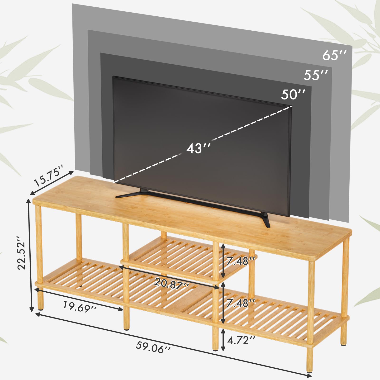 Bamboo TV Stand for 60-65 Inch TVs with 3-Tier Storage