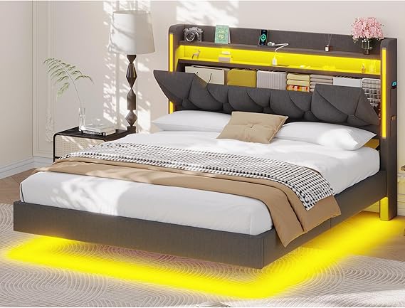 Floating Queen Bed Frame with LED Lights & Storage Headboard