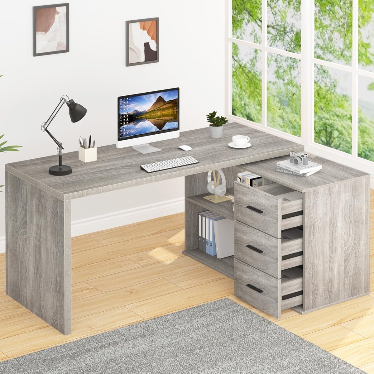 360° Rotating L Shaped Computer Desk with 3 Drawers and 2 Shelves