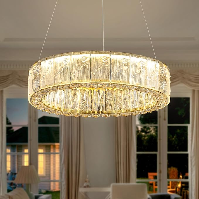 20" Gold Crystal Chandelier,Dimmable LED Ring Light for Dining Room, Bedroom