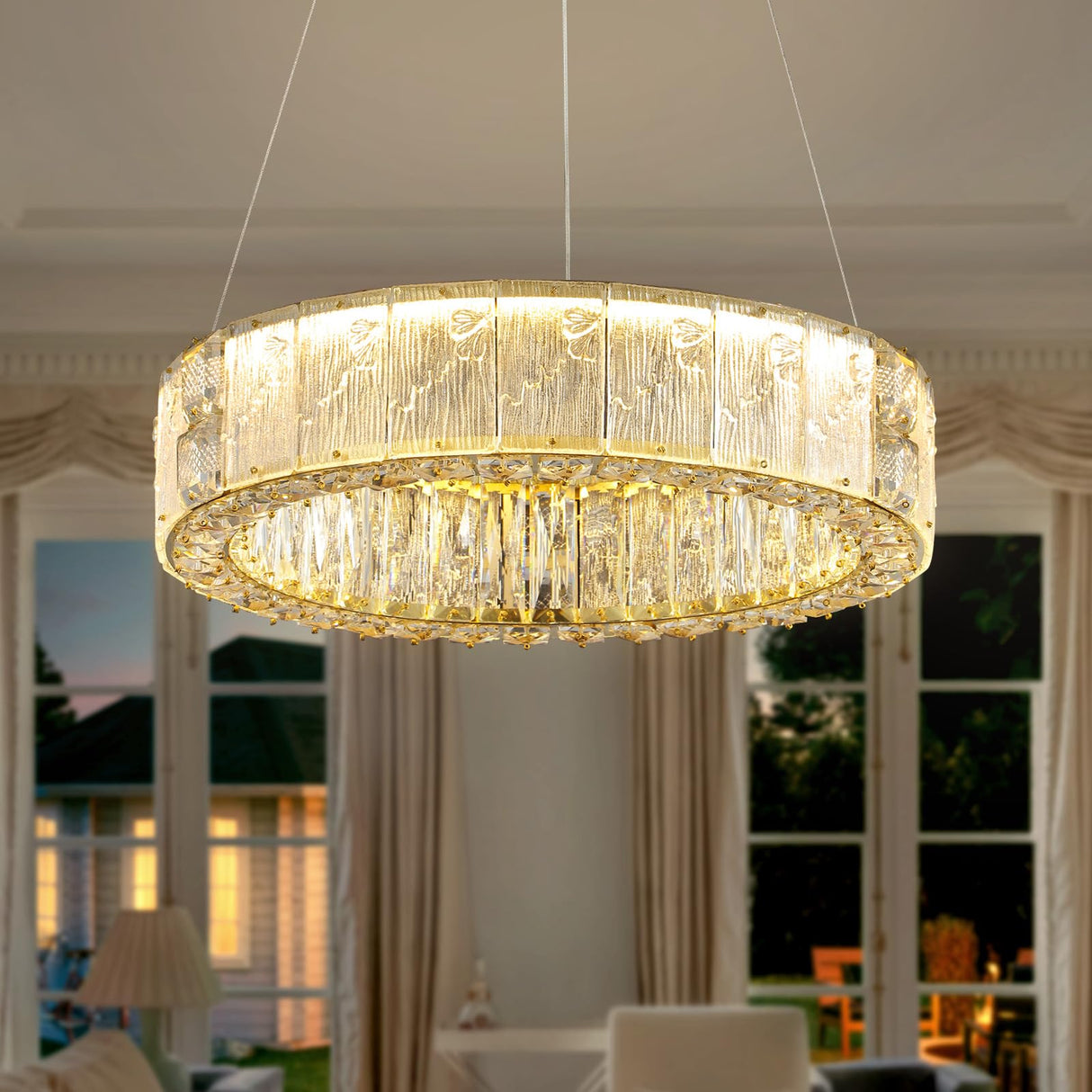 20" Gold Crystal Chandelier,Dimmable LED Ring Light for Dining Room, Bedroom