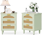 Rattan Nightstand Set of 2, Mint Green End Table with 3 Drawers for Couch, Wooden Bedside Table for Living Room