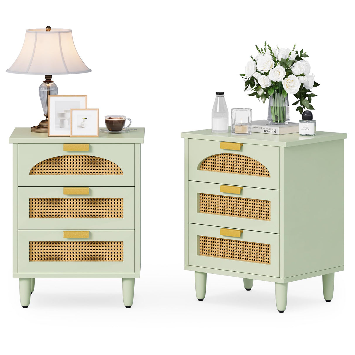 Rattan Nightstand Set of 2, Mint Green End Table with 3 Drawers for Couch, Wooden Bedside Table for Living Room