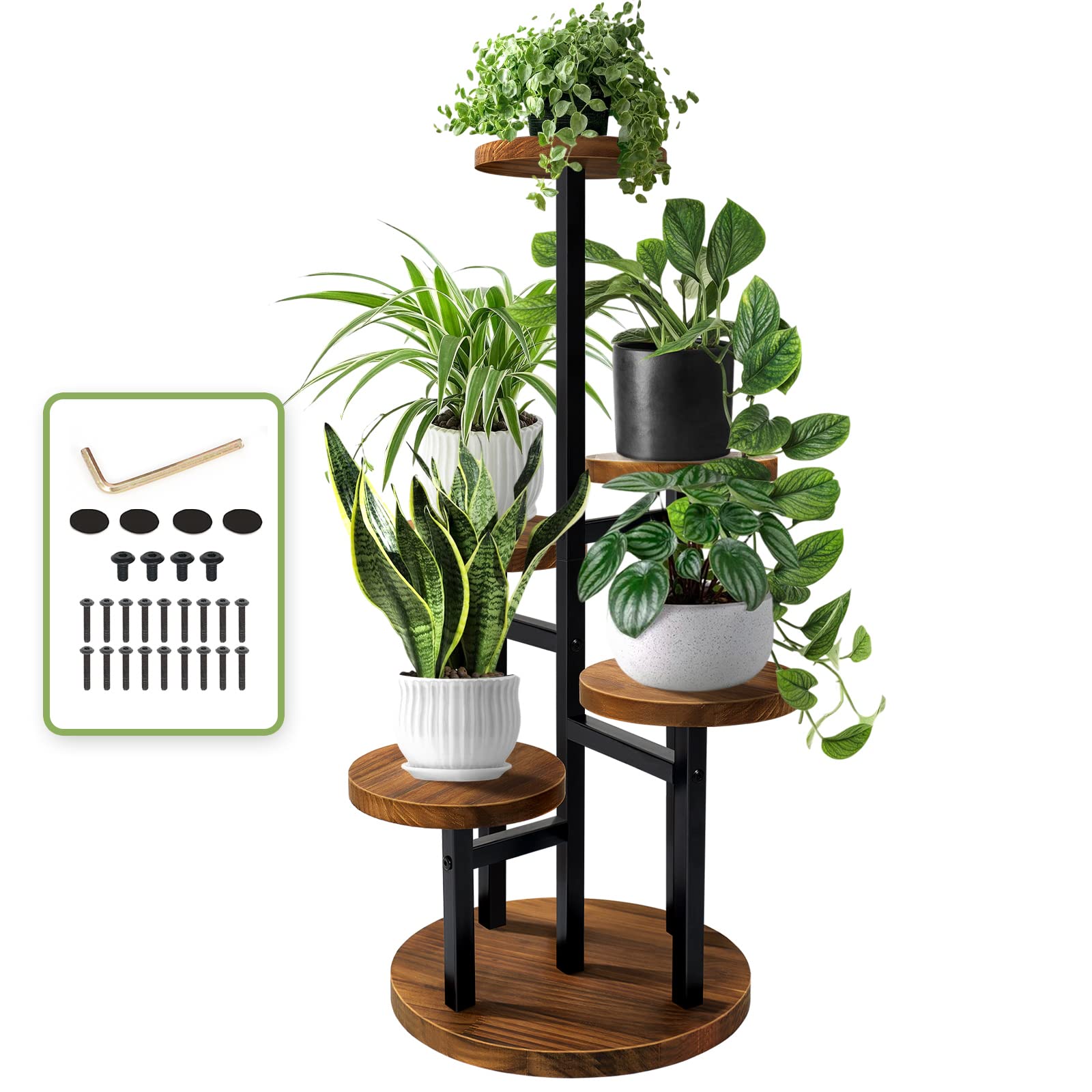 AUGOSTA 5 Tier Plant Stand, Tall Metal Wood Shelf Holder for Indoor Plants, Outdoor Garden Plant Display Rack Flower Pot Stand for Corner Living Room Balcony Garden Patio