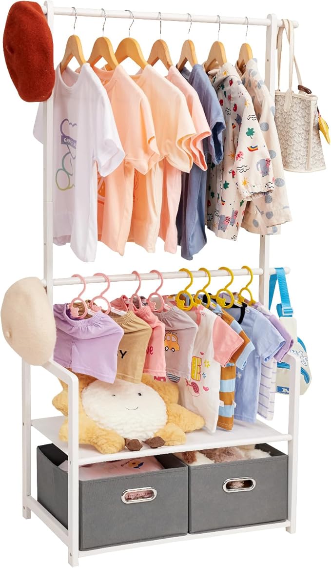 Kids Clothing Rack Bamboo with 2 Storage Baskets and 2 Adjustable Hanging Rods