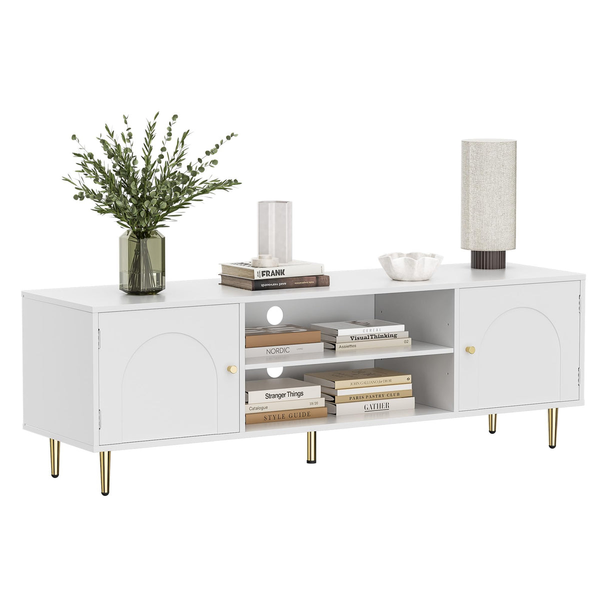 Housoul Modern TV Stand for 50/55/60 inch TV, TV Stand with Doors, Entertainment Center with Adjustable Shelf and Storage Cabinets, TV Media Console for Living Room, Bedroom, White