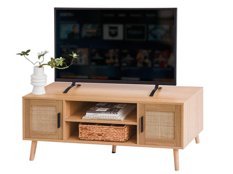 TV Stand for 55 Inch TV, Mid Century Modern TV Console with Open Storage Shelf and Doors