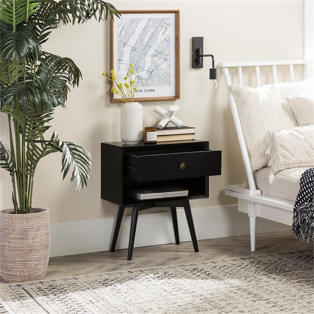 Ella Mid Century Modern 1 Drawer Solid Wood Nightstand, 1 Pack, Black