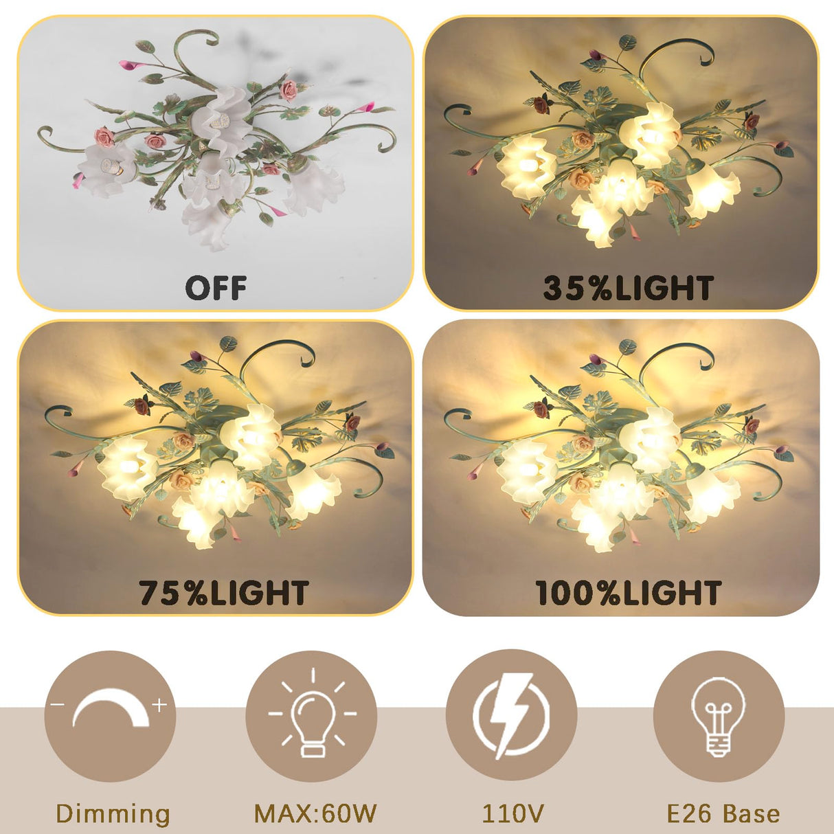 5-Light Ceramic Rose Ceiling Light with Glass Lampshade