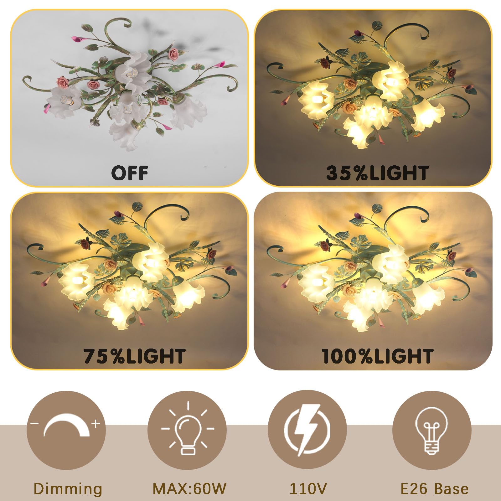 5-Light Ceramic Rose Ceiling Light with Glass Lampshade