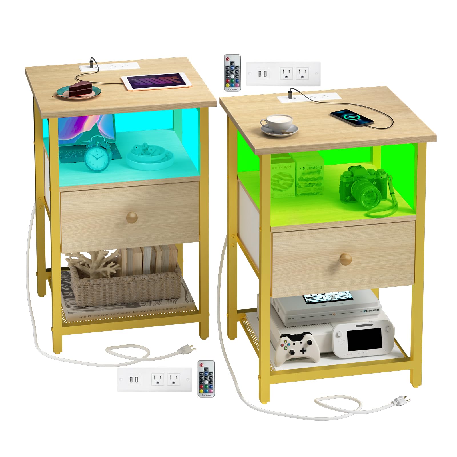 LED Nightstands Set of 2 with Charging Station, Bedside Tables with USB Ports and Outlets