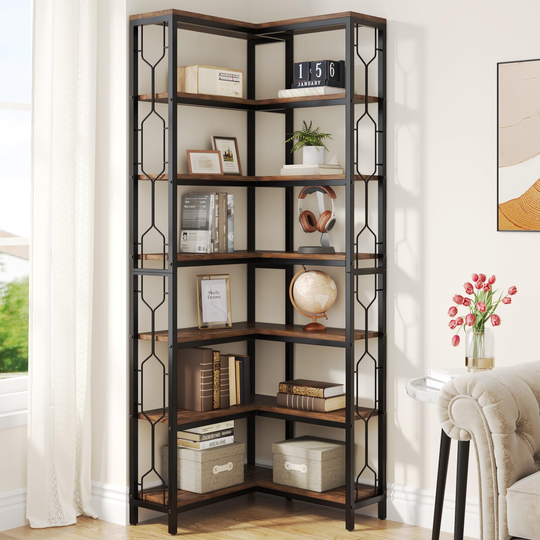 Corner Shelf, 7-Tier Industrial Corner Bookshelf, Wood and Metal Corner Etagere Bookcase
