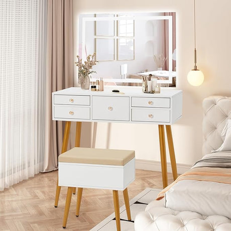 Drawers Vanity Desk with LED Mirror, Makeup Table with with 3 Color Adjustable Mirror,