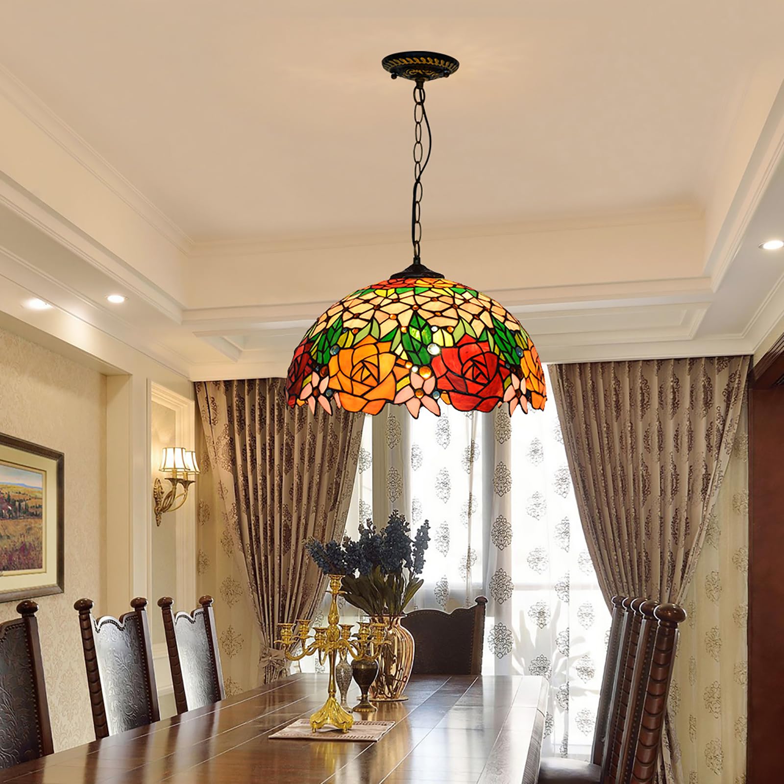 Tiffany Pendant Light Fixture,Stained Glass Rose Pendant Lights,Island Lights for Kitchen