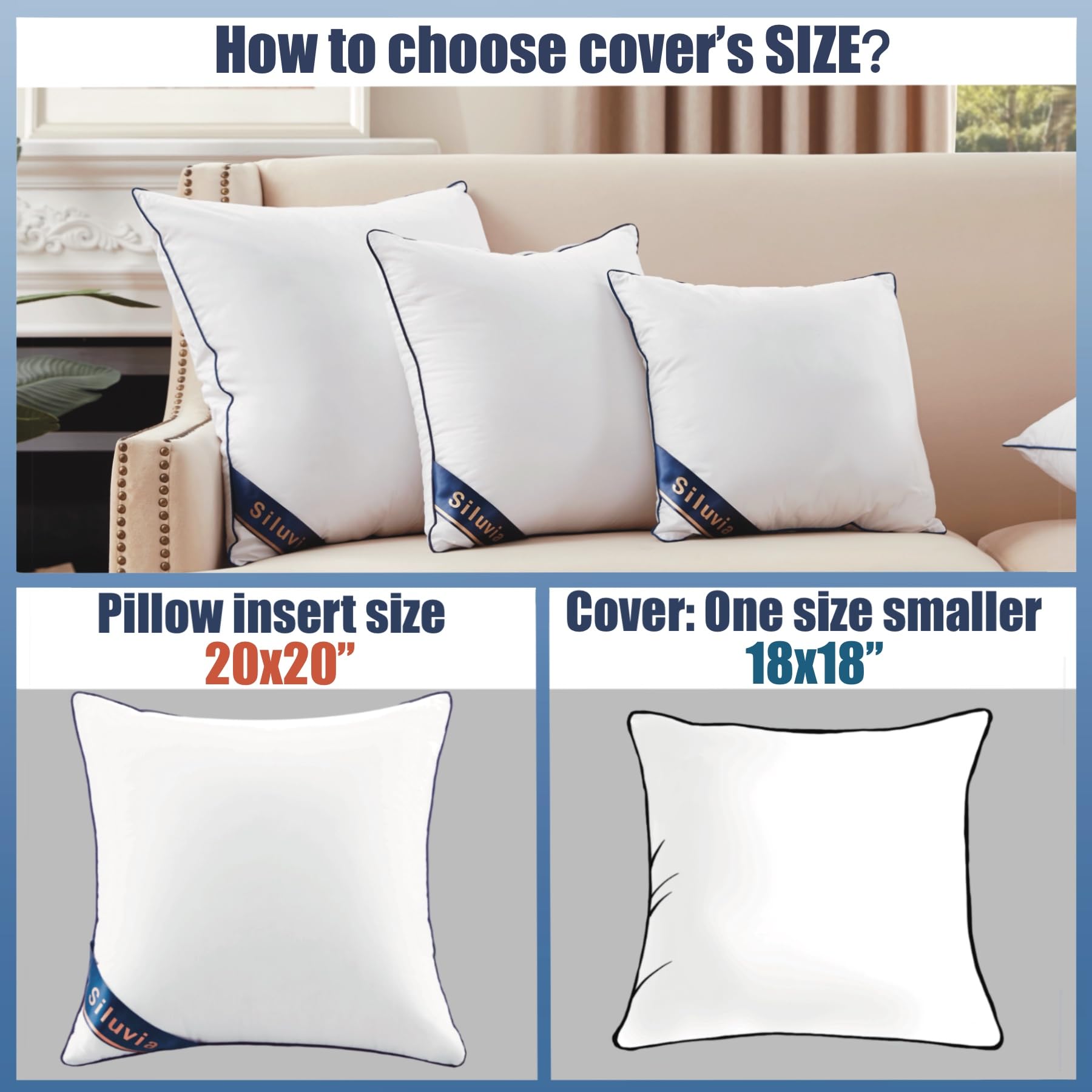 Siluvia 18x18 White Throw Pillow Inserts - Set of 4, 100% Cotton Cover, Soft & Supportive