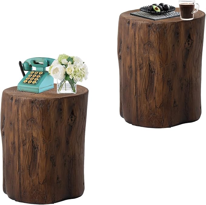 Concrete Outdoor Side TableSet of 2, 2 Piece Tree Stump Modern Round Coffee Table Accent Table