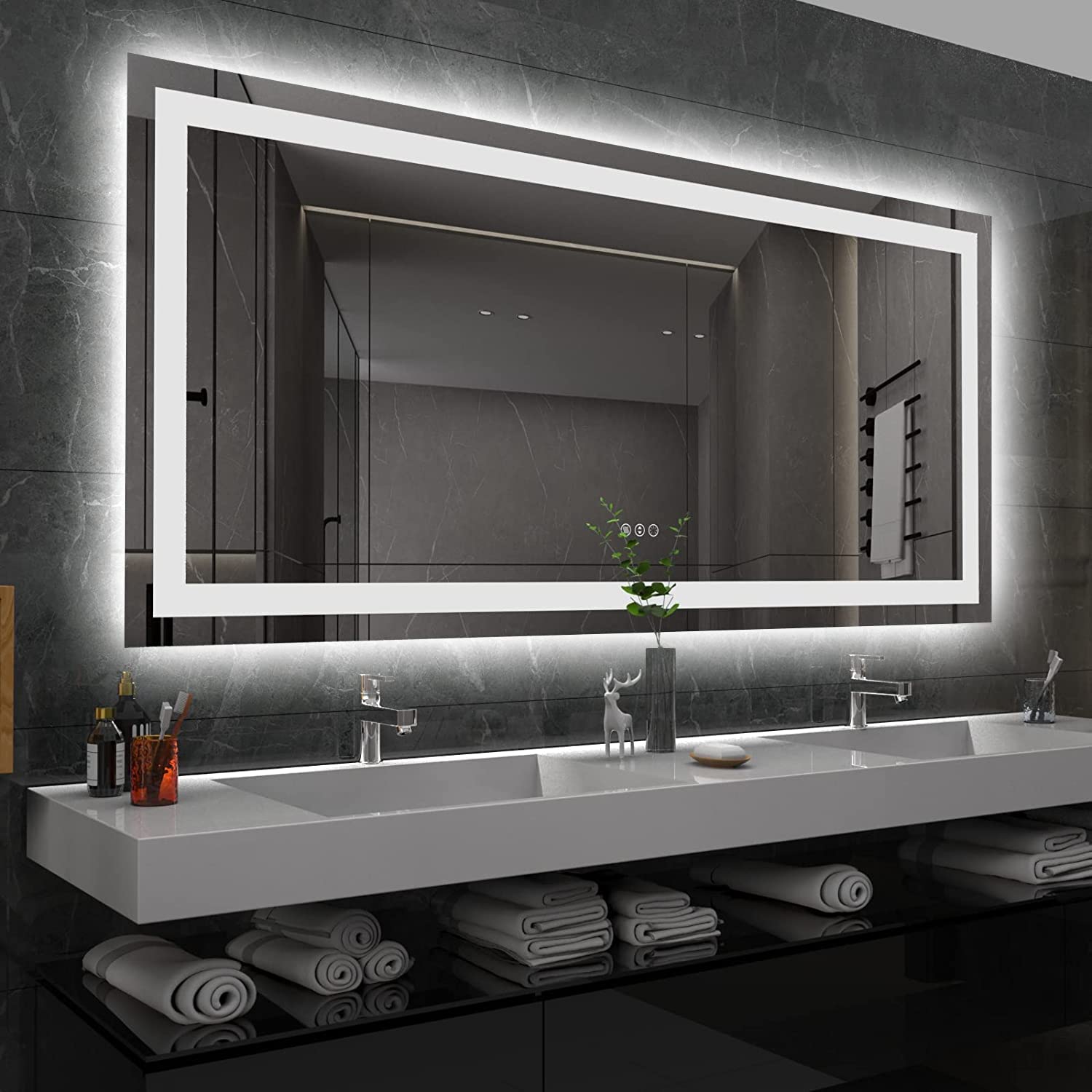 LED Bathroom Mirror Front and Backlight, Large Dimmable