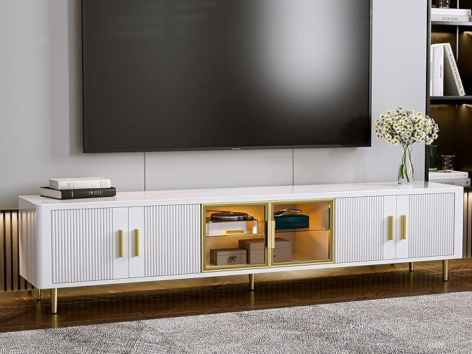 Modern TV Stand for 85+ inch TV, White LED Slate Entertainment Center