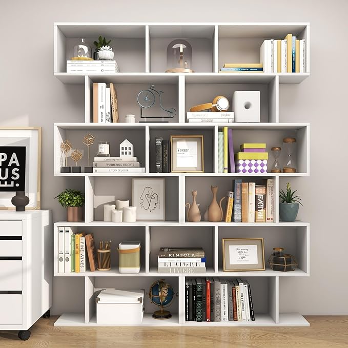 6 Tier S Shaped Bookshelf, 31.5''L x 9''W x 75''H, Wooden Bookcase and Bookshelves w/Anti-Toppling Device, Room Divider Display Shelves for Living Room, Home Decor, 6 Shelf Bookshelf