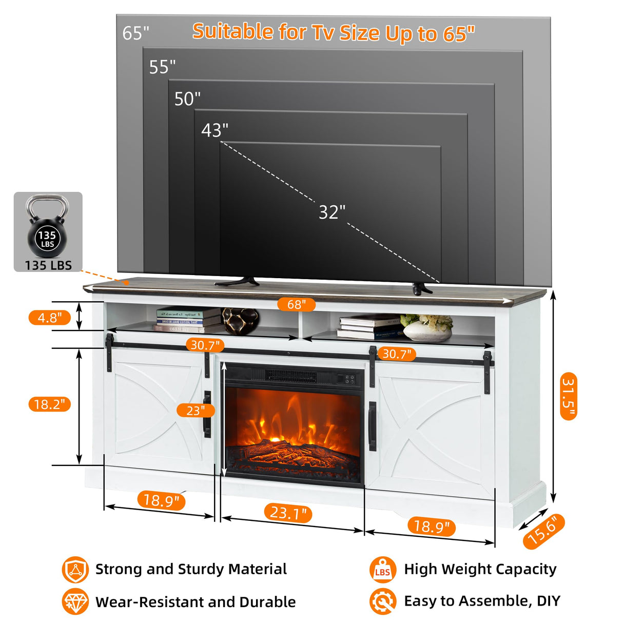 Electric Fireplace Tv Stand For 80" Tvs, Rustic Media Console Tables For Living Room