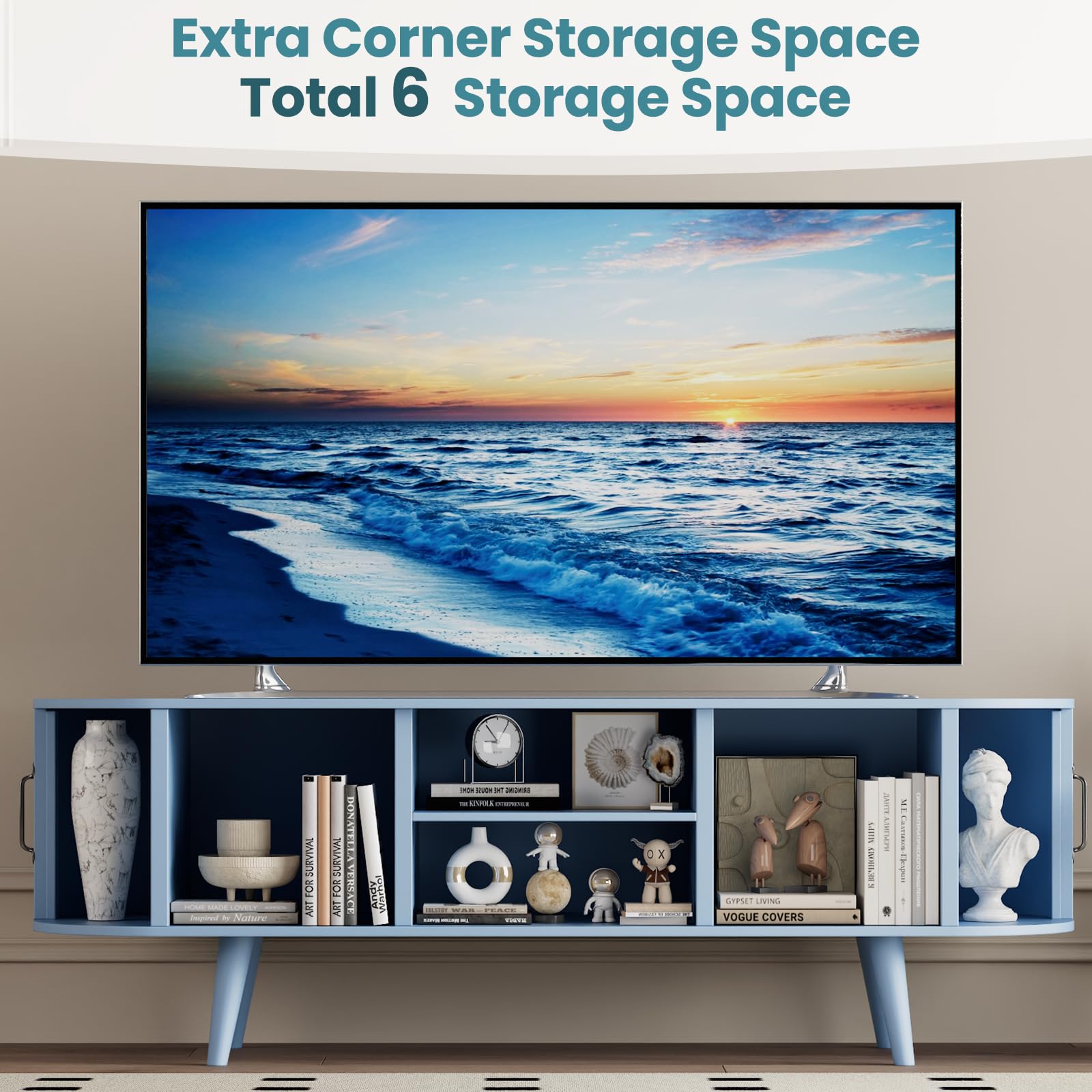 68" Fluted TV Stand with Sliding Door Storage - Light Blue