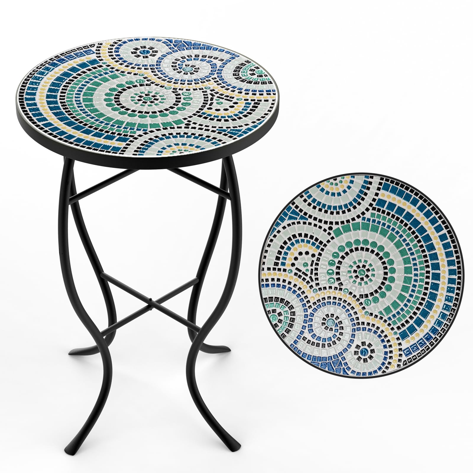 FROMJBEST Mosaic Outdoor Side Table, Patio Side Table, Weather Resistant 14" Diameter 21" H Ceramic Tile Round Outside Table for Patio, Porch, Garden, Pool, Indoor&Outdoor,Plant Stand (Vortex) - Bircata