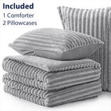 EXQ Home Fluffy Comforter Set Queen Size - Super Soft Faux Fur Stripe Jacquard Comforter 3 Pieces, Light Gray Fleece Bedding Set,Winter Warm Bed Set,1 Comforter with 2 Pillowcases