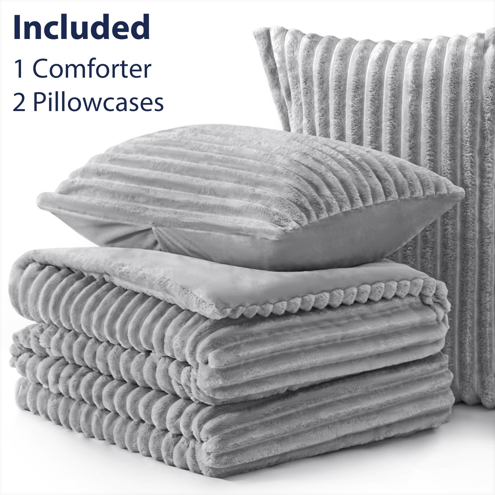 EXQ Home Fluffy Comforter Set Queen Size - Super Soft Faux Fur Stripe Jacquard Comforter 3 Pieces, Light Gray Fleece Bedding Set,Winter Warm Bed Set,1 Comforter with 2 Pillowcases