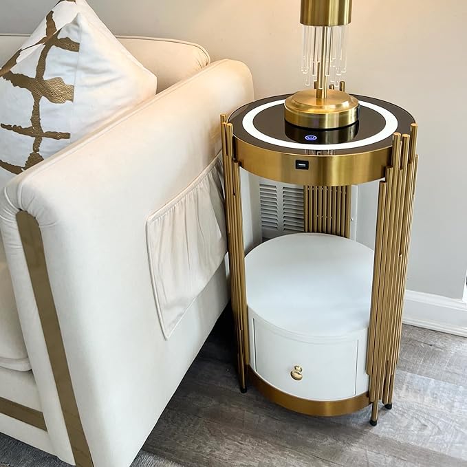 Gold Smart Led Nightstand with White Drawers,14in Sofa Round End Table with USB &