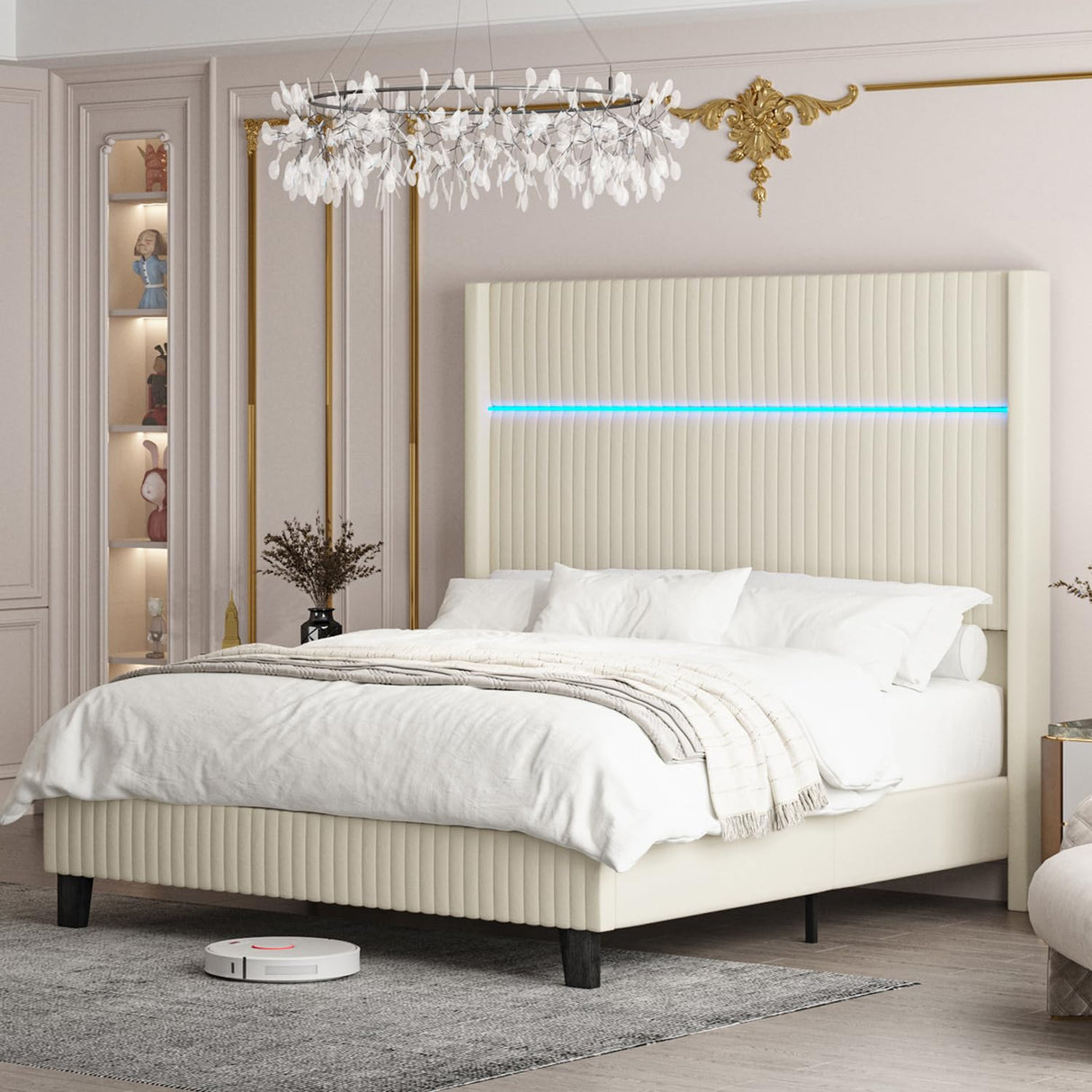 EcoHarbor 57'' Tall Bed Frame Queen Size with LED Light, High Velvet Upholstered Wingback Headboard with Vertical Channel Tufted Luxury Corduroy/Solid Wood Leg/No Box Spring Needed/Noise Free/Cream