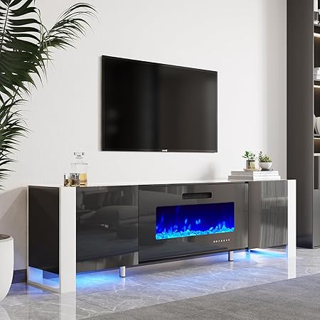 Fireplace TV Stand with 40" Fireplace, 80" Modern High Gloss Entertainment Center