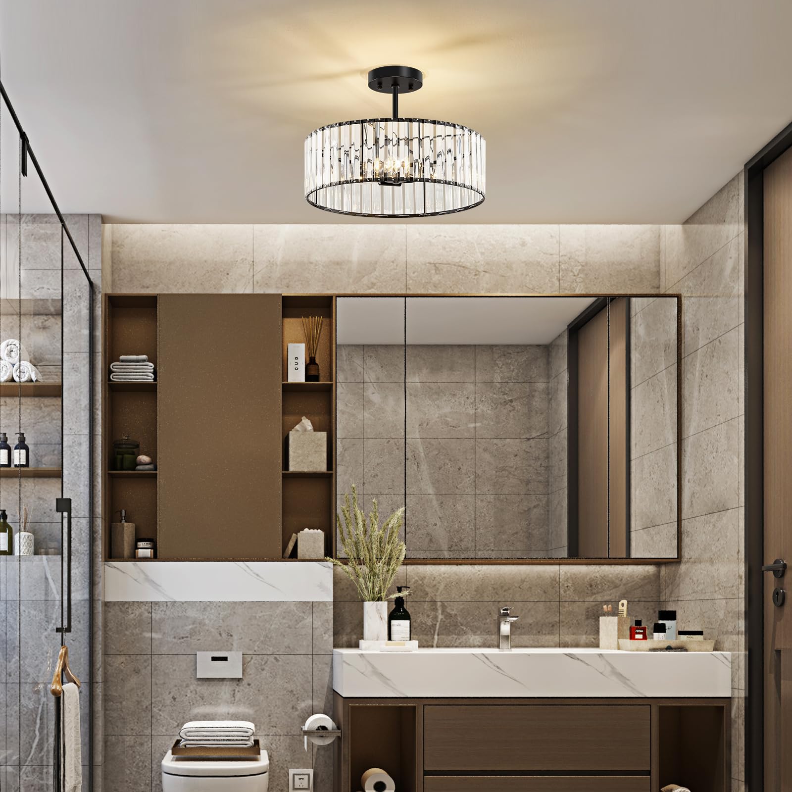 Modern Black Semi Flush Mount Ceiling Light Crystal 3-Light Light