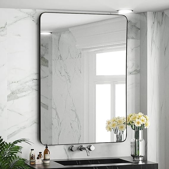 Black Framed Mirror for Bathroom, Rounded Rectangle Mirrors