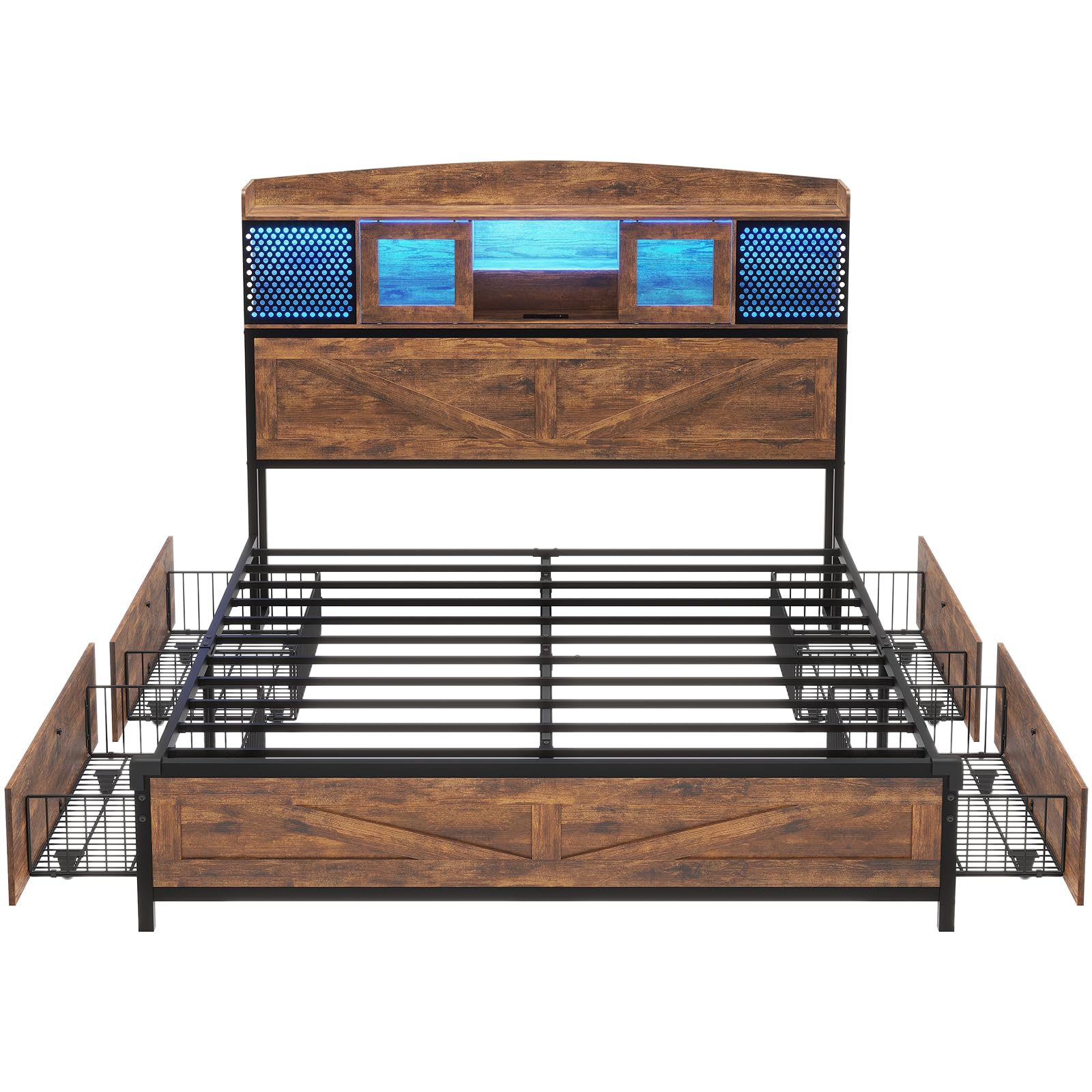 Farmhouse Full Bed Frame with Storage Drawers & LED Lights