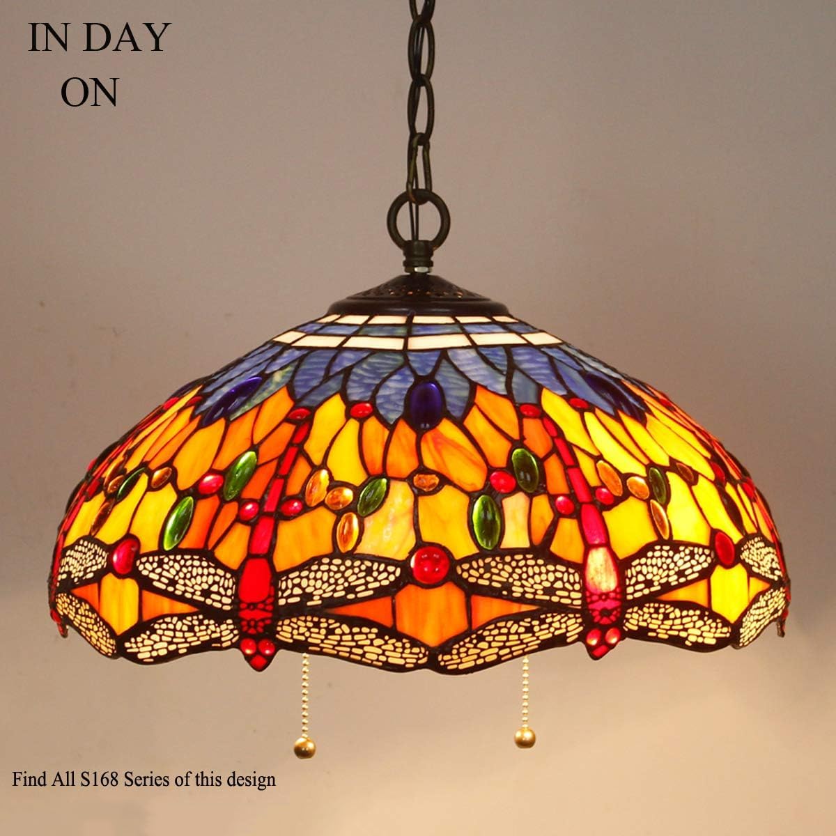 Tiffany Style Dragonfly Pendant Light - 16 Inch Stained Glass Hanging Lamp
